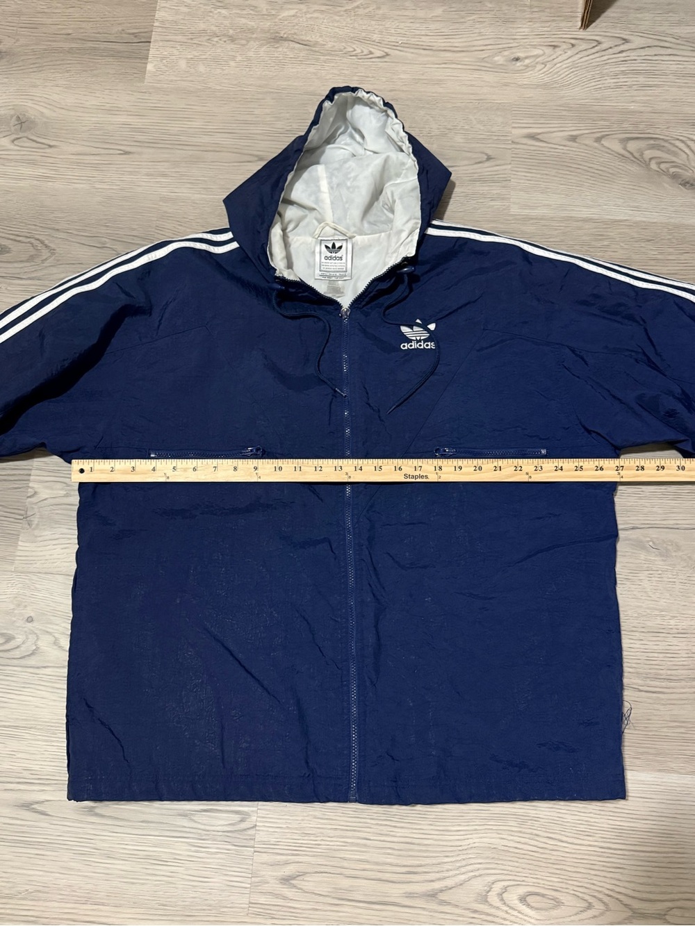 Vintage Adidas Windbreaker Jacket L Navy Trefoil Embroidered 3 Stripe Hooded - Picture 7 of 11